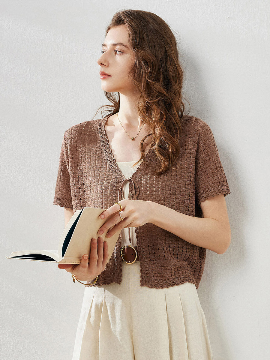 COMOBOCA Women's Linen Crochet Tie Short Sleeve Cardigan