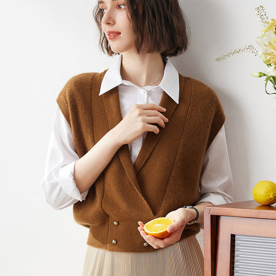 COMOBOCA Brown 100% Cashmere Women's Knit Sleeveless Wrap Vest