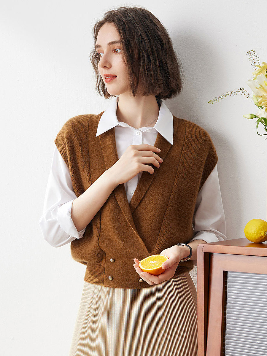 COMOBOCA Brown 100% Cashmere Women's Knit Sleeveless Wrap Vest