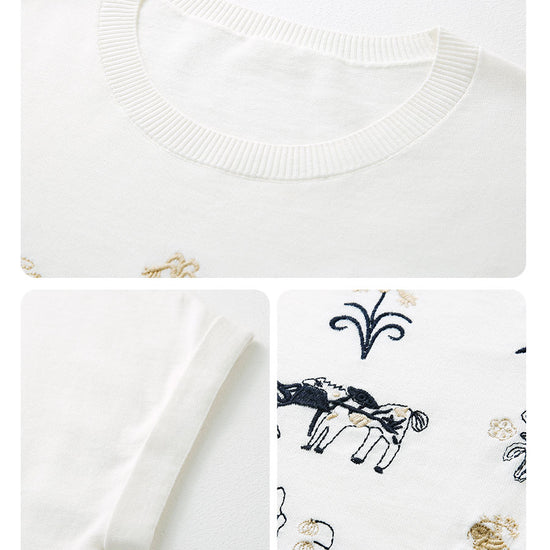 COMOBOCA Women's Embroidered Short Sleeve Knit Top