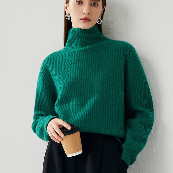 COMOBOCA Green 100% Cashmere Women's Turtleneck Ribbed Sweater