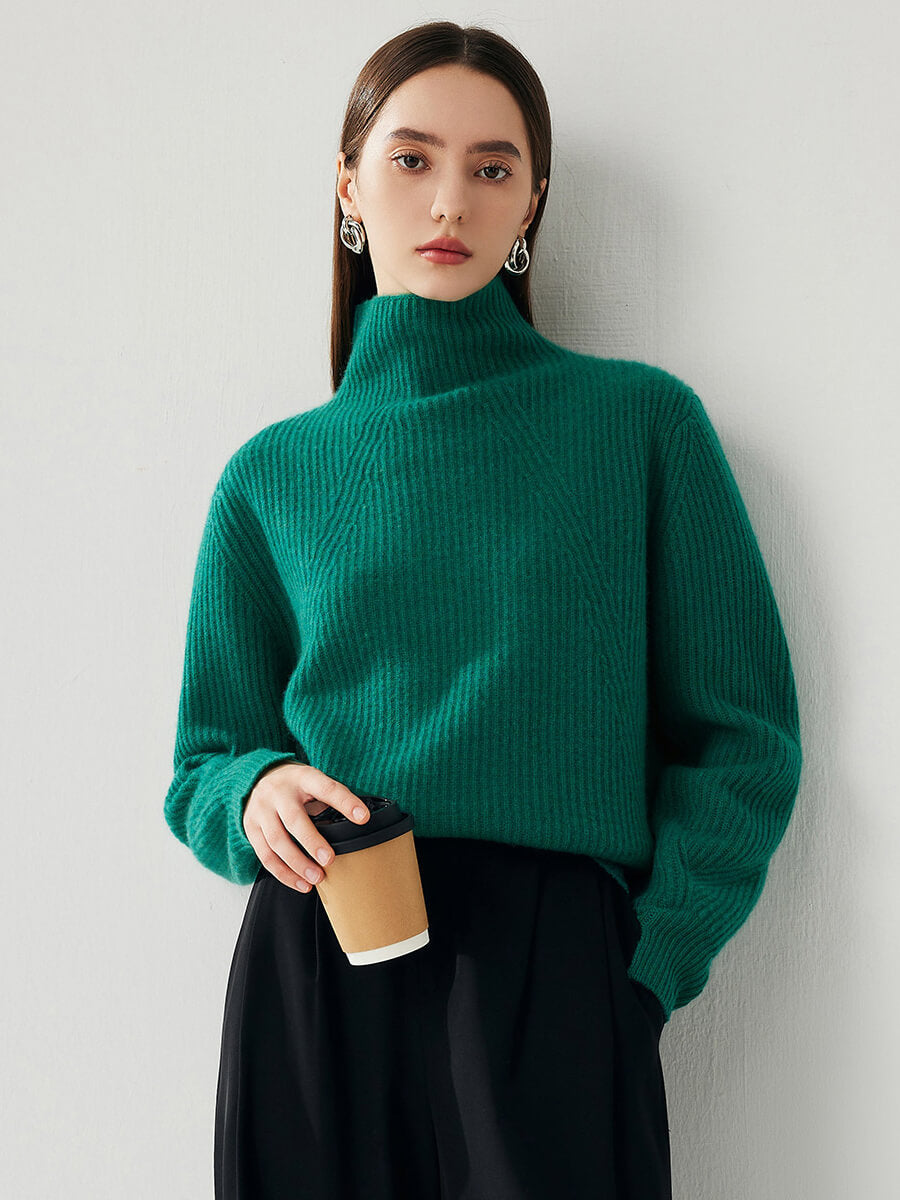 COMOBOCA Green 100% Cashmere Women's Turtleneck Ribbed Sweater
