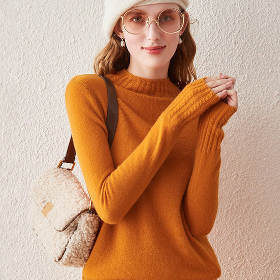 COMOBOCA ORANGE 100% Cashmere Women's Mock Neck Knit Sweater