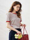 COMOBOCA Women's Striped Ribbed Contrast Trim T-Shirt