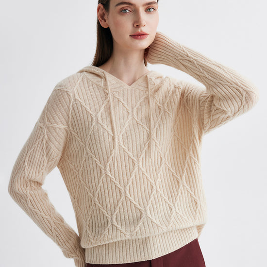 COMOBOCA 100% Cashmere Women's Cable Knit Hoodie
