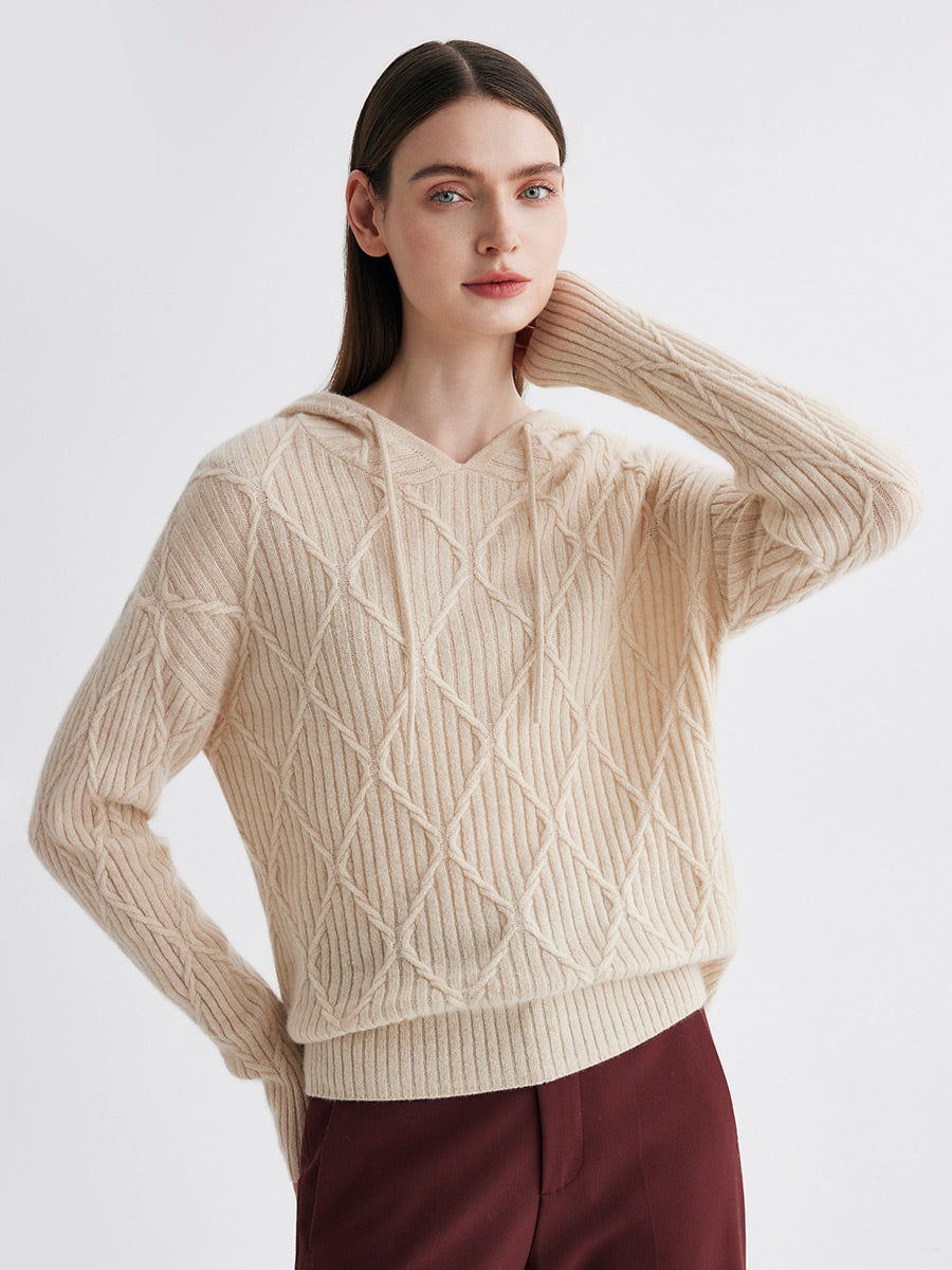 COMOBOCA 100% Cashmere Women's Cable Knit Hoodie
