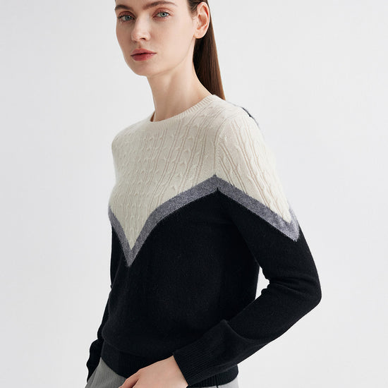 COMOBOCA 100% Cashmere Women's Color Block Cable Knit Sweater