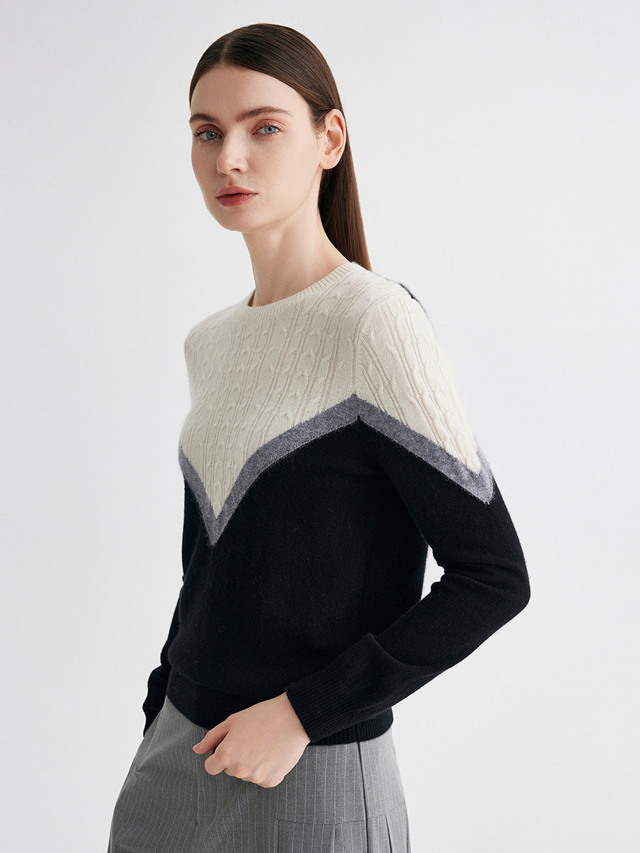 COMOBOCA 100% Cashmere Women's Color Block Cable Knit Sweater