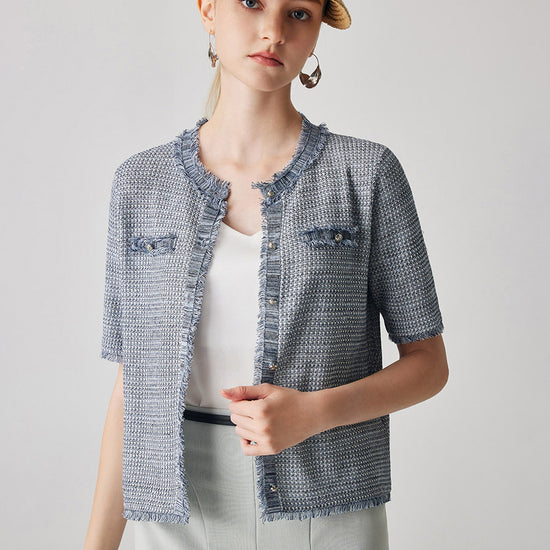 COMOBOCA Dusty Blue Women's Cotton Silk Frayed Edge Button-Up Blouse