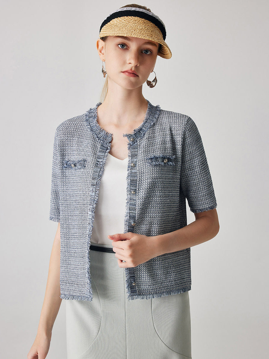 COMOBOCA Dusty Blue Women's Cotton Silk Frayed Edge Button-Up Blouse