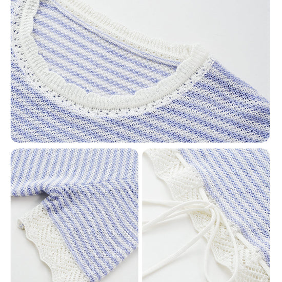 COMOBOCA Women's Drawstring Striped Lace Trim Knit T-Shirt