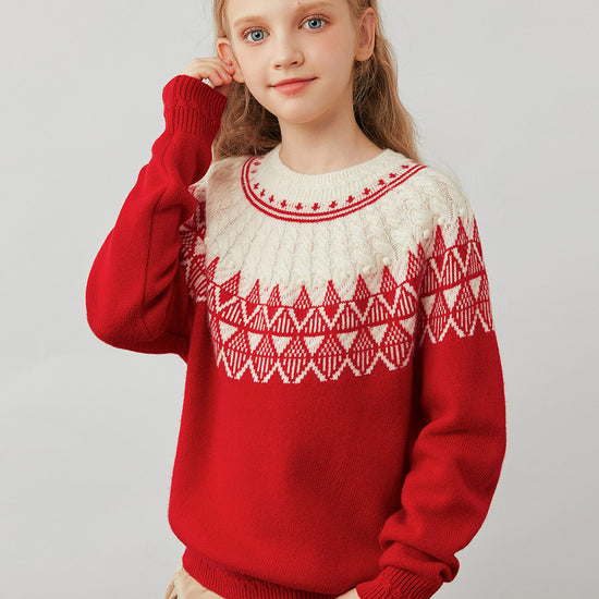 COMOBOCA 100% Wool Kids' Fair Isle Pattern Round Neck Sweater