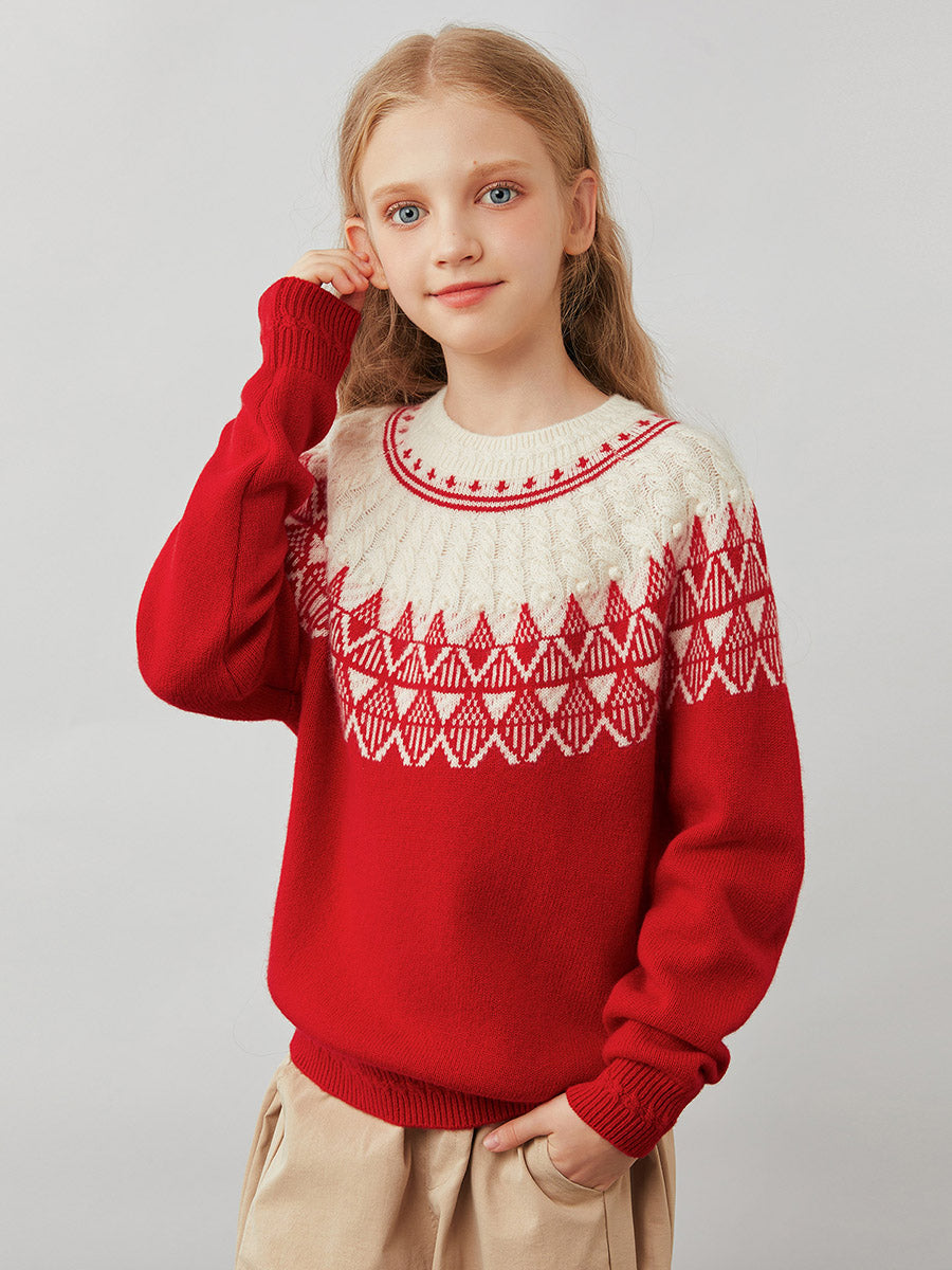 COMOBOCA 100% Wool Kids' Fair Isle Pattern Round Neck Sweater