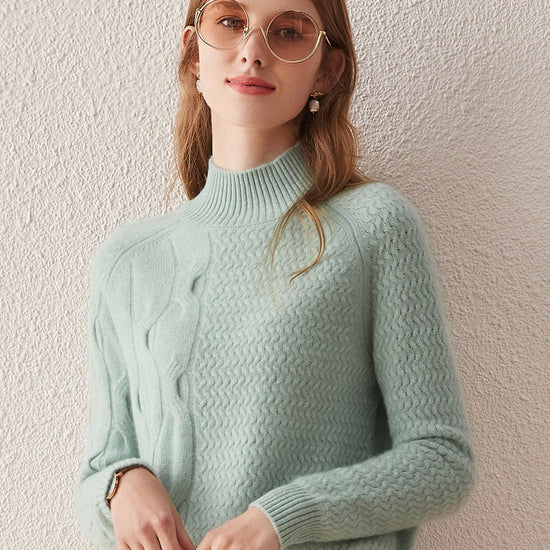 COMOBOCA Green 100% Cashmere Women's Mock Neck Knit Sweater