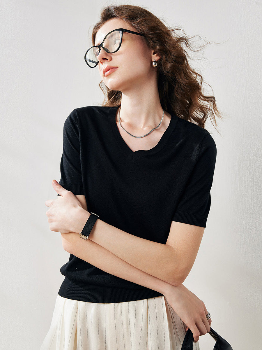 COMOBOCA Women's V-Neck Knit T-Shirt