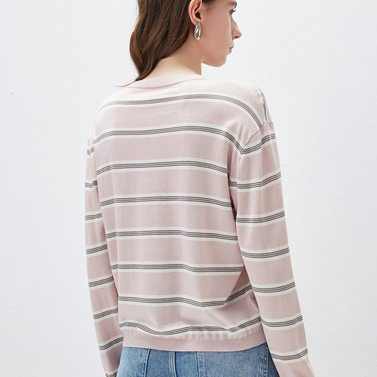 COMOBOCA Women's Striped Round Neck Knit Sweater
