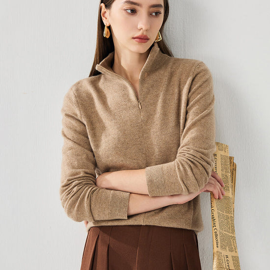 COMOBOCA 100% Cashmere Women's Half-Zip Mock Neck Pullover Sweater