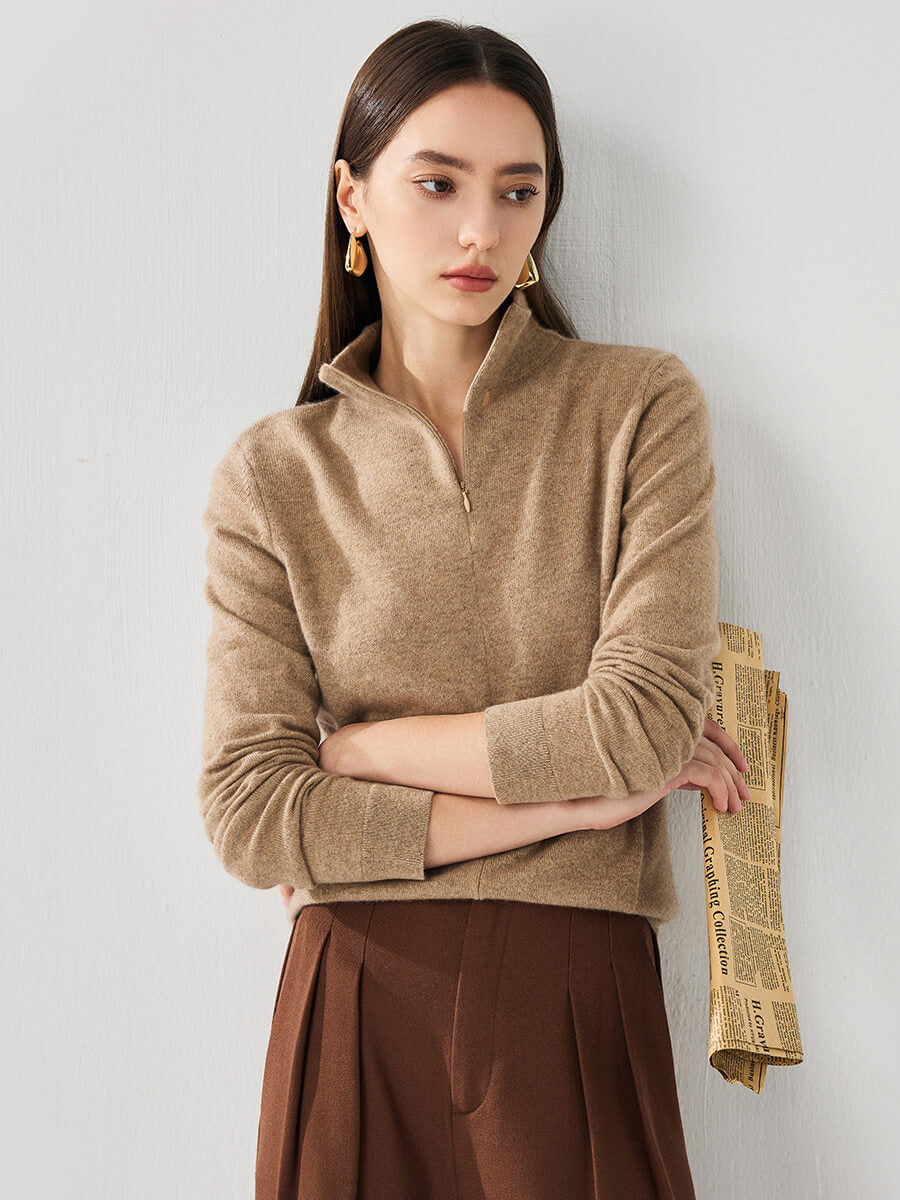 COMOBOCA 100% Cashmere Women's Half-Zip Mock Neck Pullover Sweater