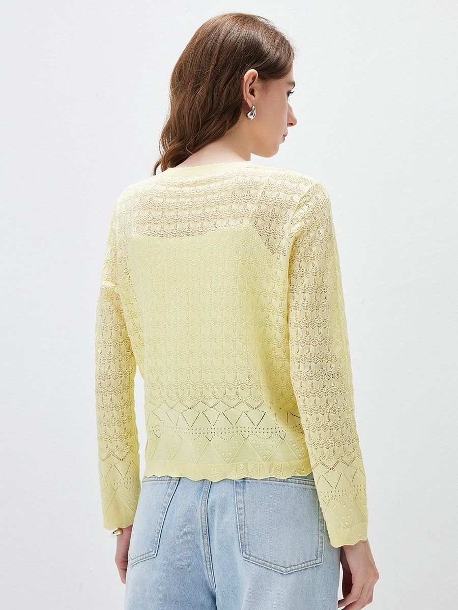 COMOBOCA Women's Openwork Round Neck Knit Sweater
