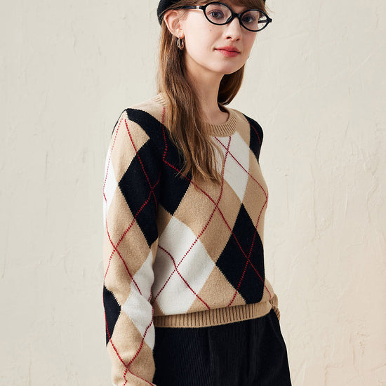 COMOBOCA 100% Wool Women's Argyle Pattern Knit Sweater