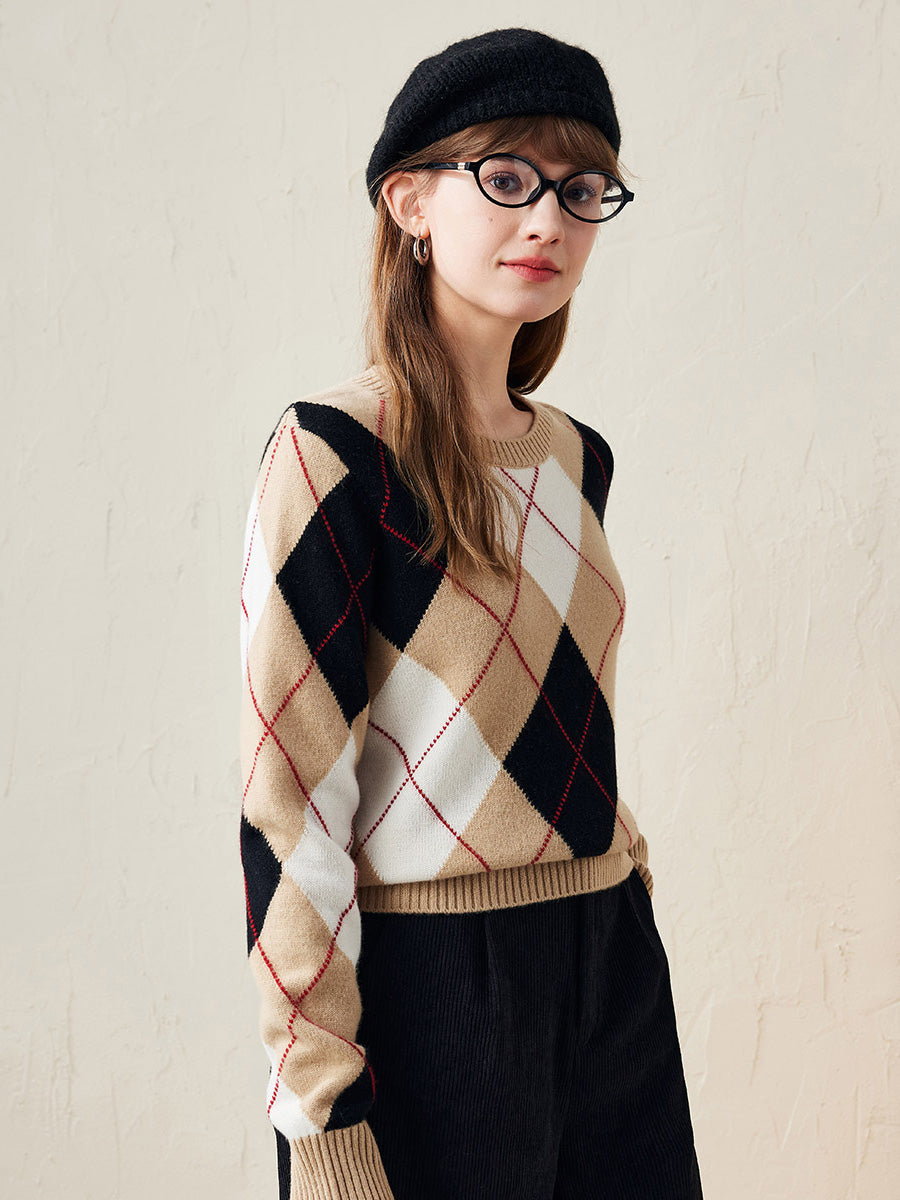 COMOBOCA 100% Wool Women's Argyle Pattern Knit Sweater