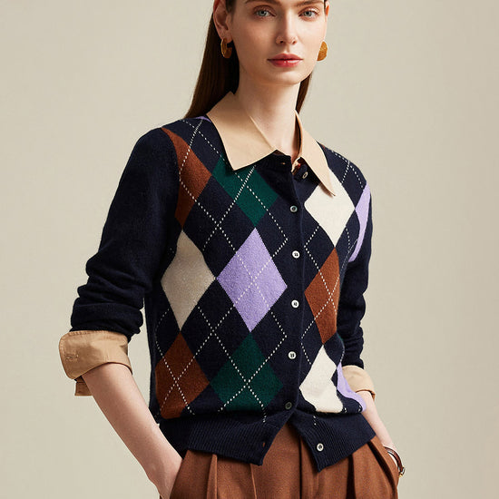 COMOBOCA 100% Cashmere Women's Argyle Pattern Button-Up Cardigan