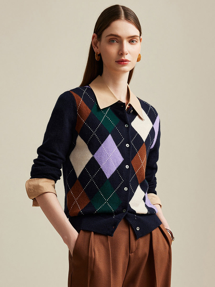 COMOBOCA 100% Cashmere Women's Argyle Pattern Button-Up Cardigan