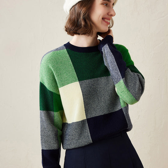 COMOBOCA 100% Cashmere Women's Color Block Plaid Sweater