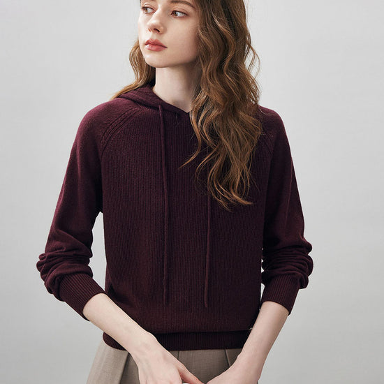COMOBOCA 100% Wool Women's Ribbed Hem Adjustable Hoodie