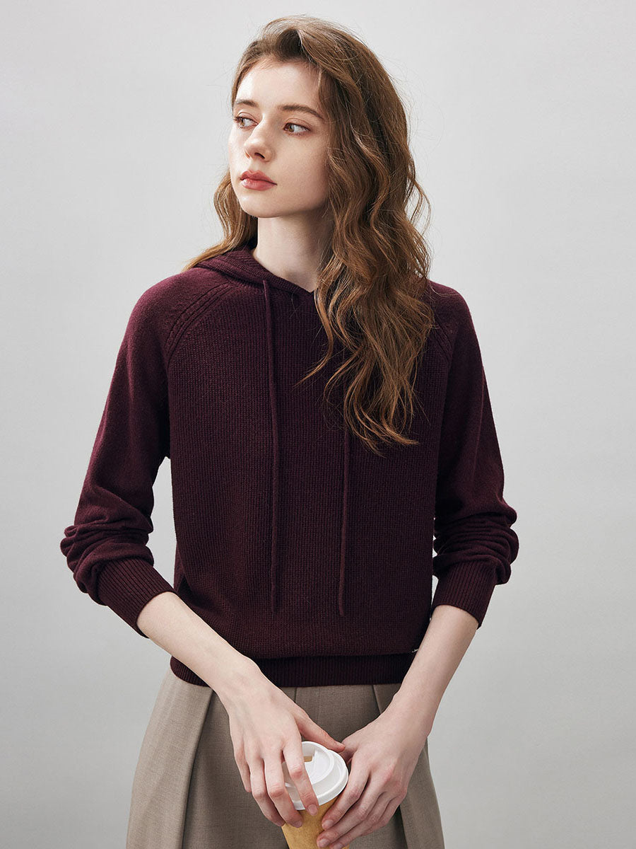 COMOBOCA 100% Wool Women's Ribbed Hem Adjustable Hoodie