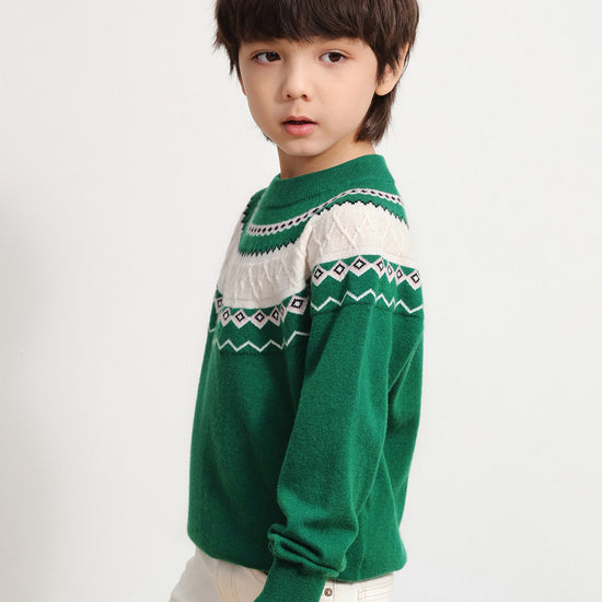COMOBOCA 100% Wool Kids' Jacquard Round Neck Sweater