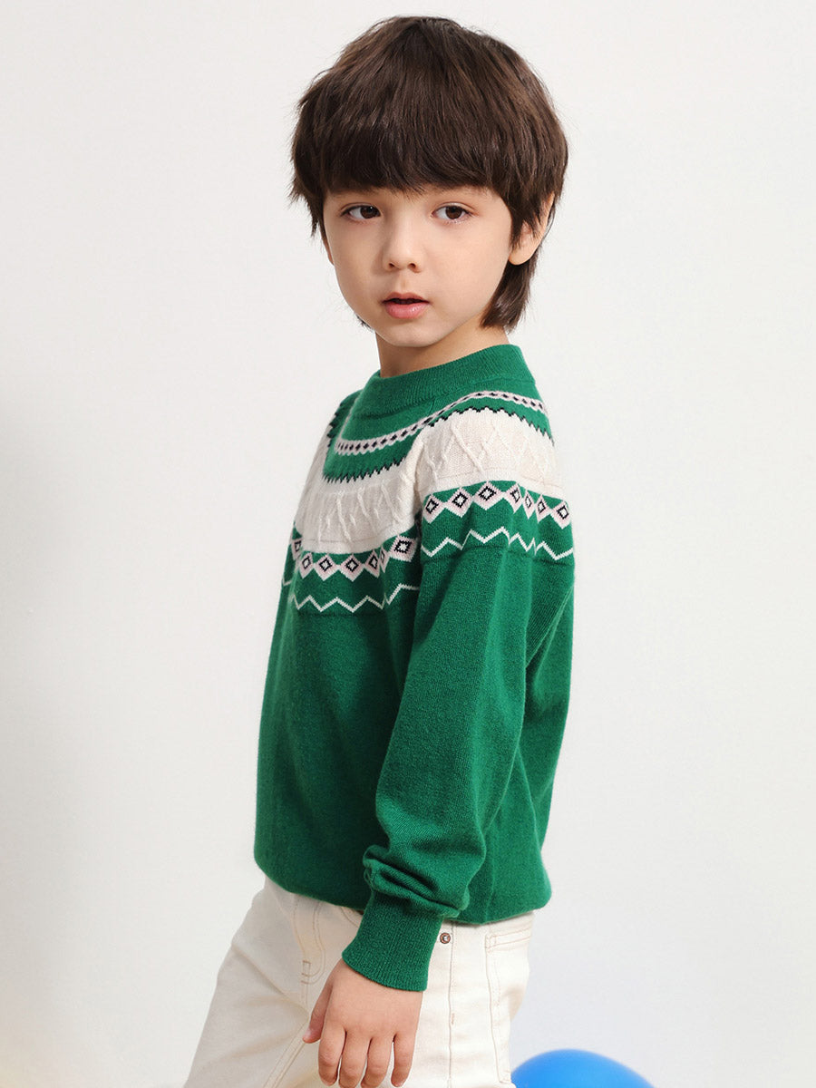 COMOBOCA 100% Wool Kids' Jacquard Round Neck Sweater