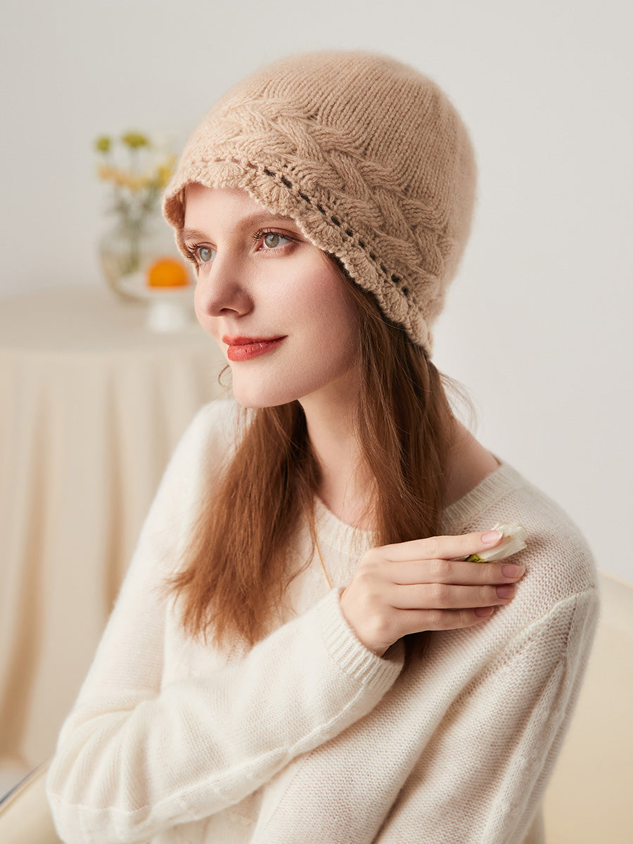COMOBOCA Golden 100% Cashmere Women's Crochet Trim Cable Knit Beanie