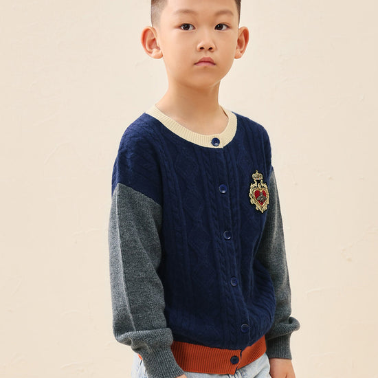 COMOBOCA 100% Wool Kids' Royal Embroidered Cable Knit Cardigan