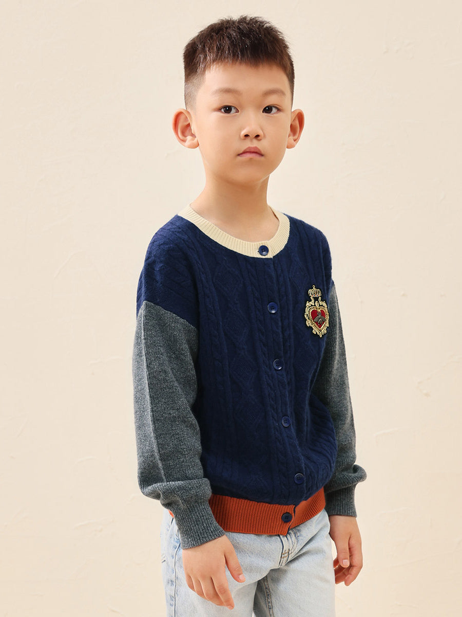 COMOBOCA 100% Wool Kids' Royal Embroidered Cable Knit Cardigan