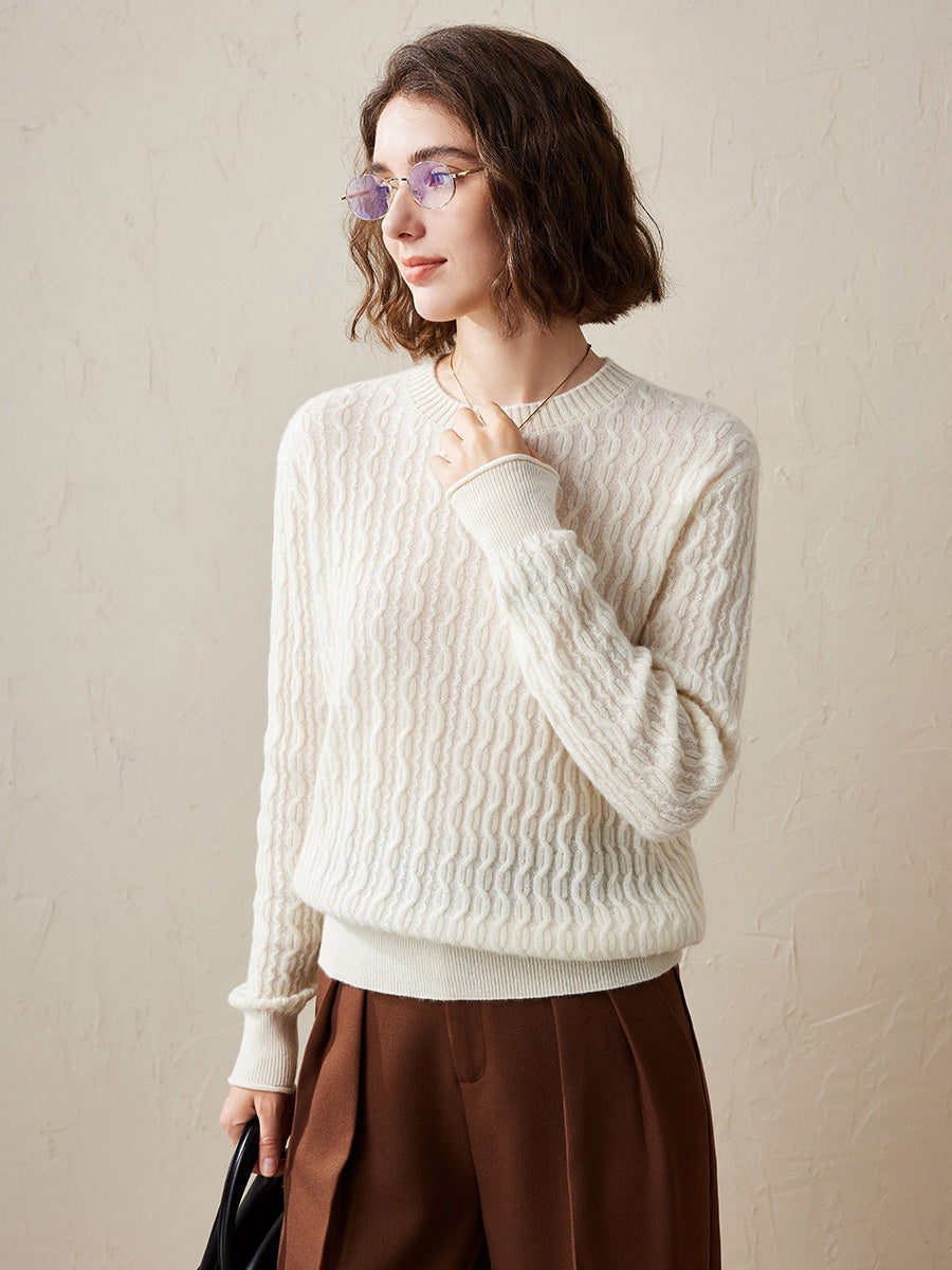 COMOBOCA White 100% Cashmere Women's Classic Cable Knit Sweater