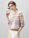 COMOBOCA 100% Cashmere Women's Rainbow Striped Round Neck Sweater
