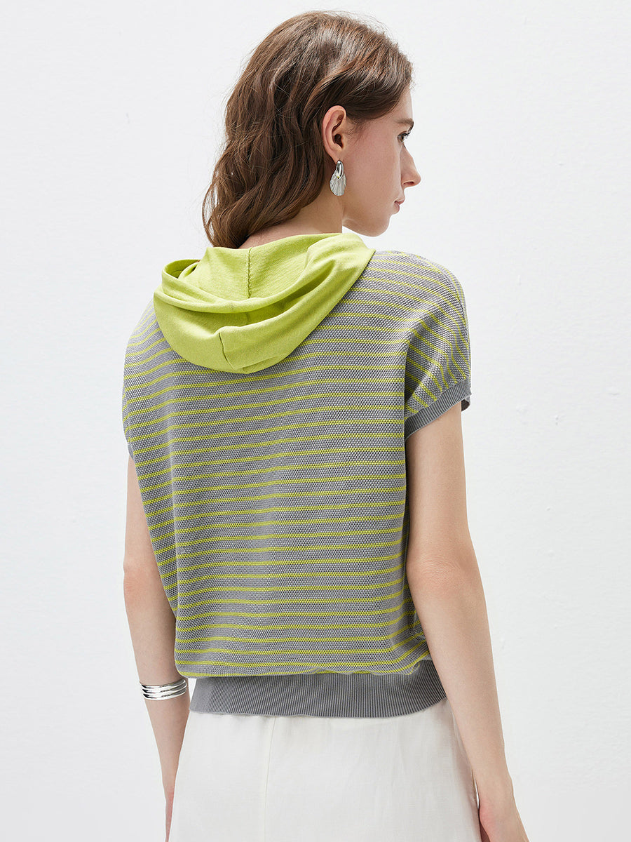 COMOBOCA Women's Striped Contrast Hooded Knit T-Shirt