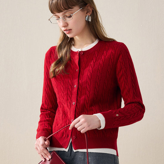 COMOBOCA 100% Wool Ribbed Cable Extra Size Knit Cardigan