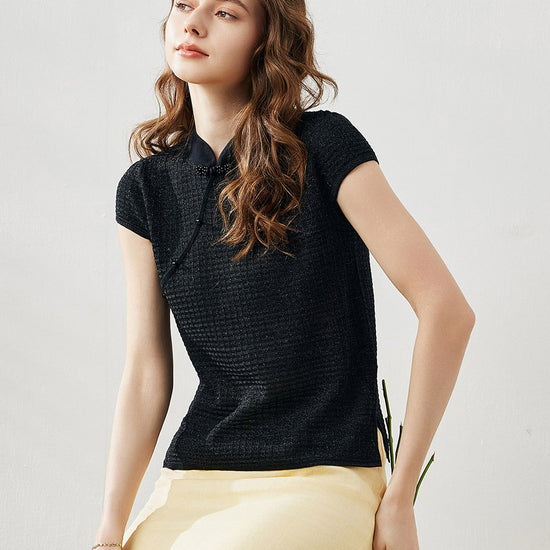 COMOBOCA Women's Textured Pearl Accents Blouse