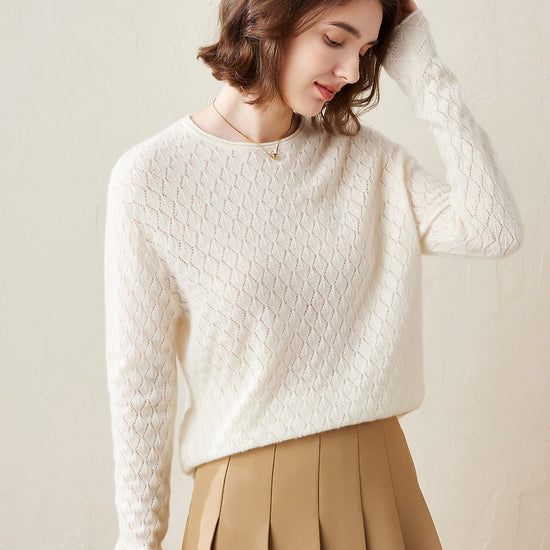 COMOBOCA White 100% Cashmere Women's Diamond Pattern Pullover Sweater