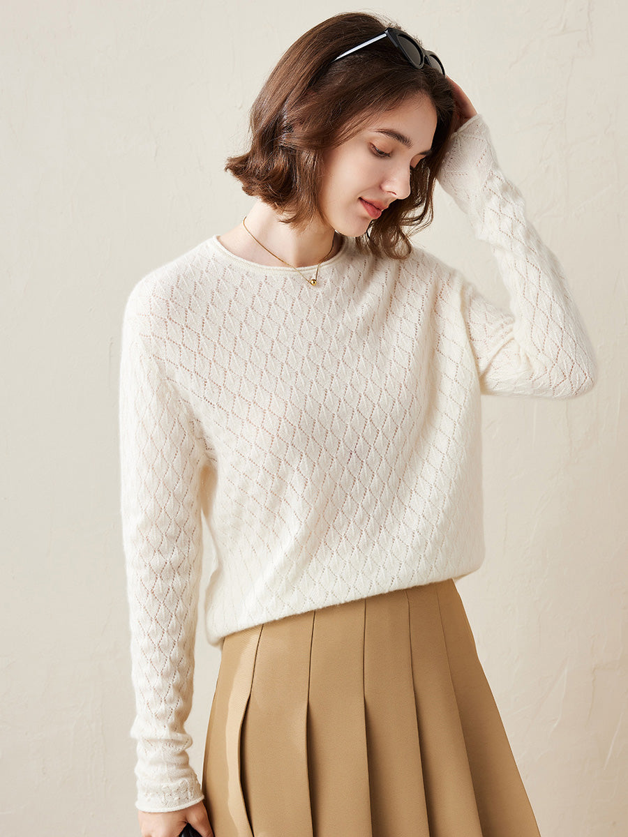 COMOBOCA White 100% Cashmere Women's Diamond Pattern Pullover Sweater