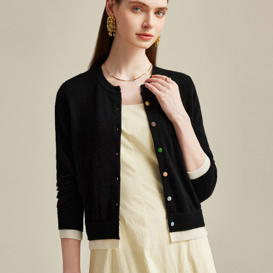 COMOBOCA Black 100% Cashmere Women's Contrast-Trim Pocket Cardigan