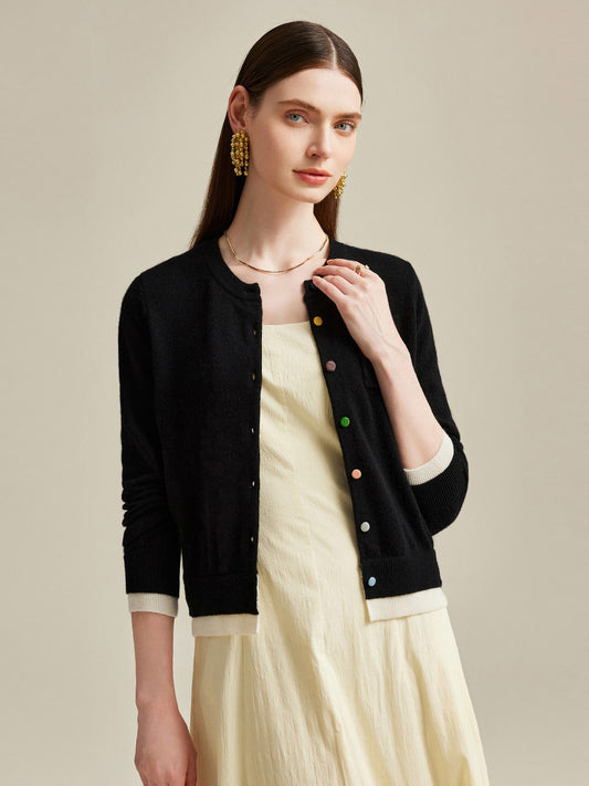 COMOBOCA Black 100% Cashmere Women's Contrast-Trim Pocket Cardigan