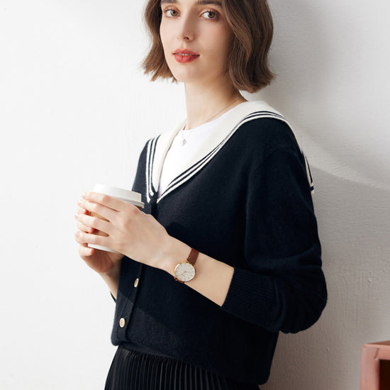 COMOBOCA 100% Cashmere Women's Sailor Collar Cardigan