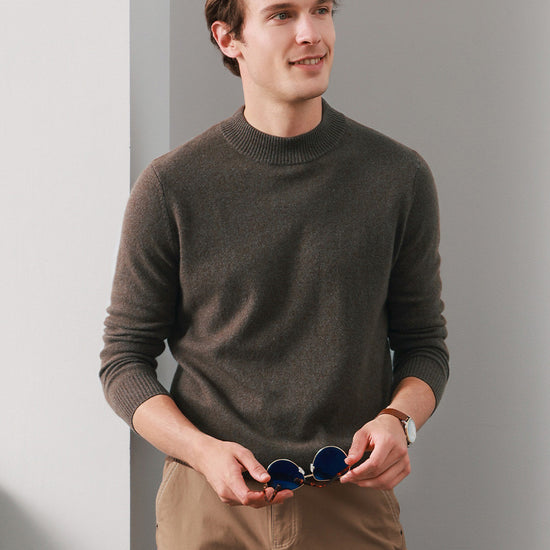 COMOBOCA DARK BROWN 100% Cashmere Men's Mock Neck Knit Sweater