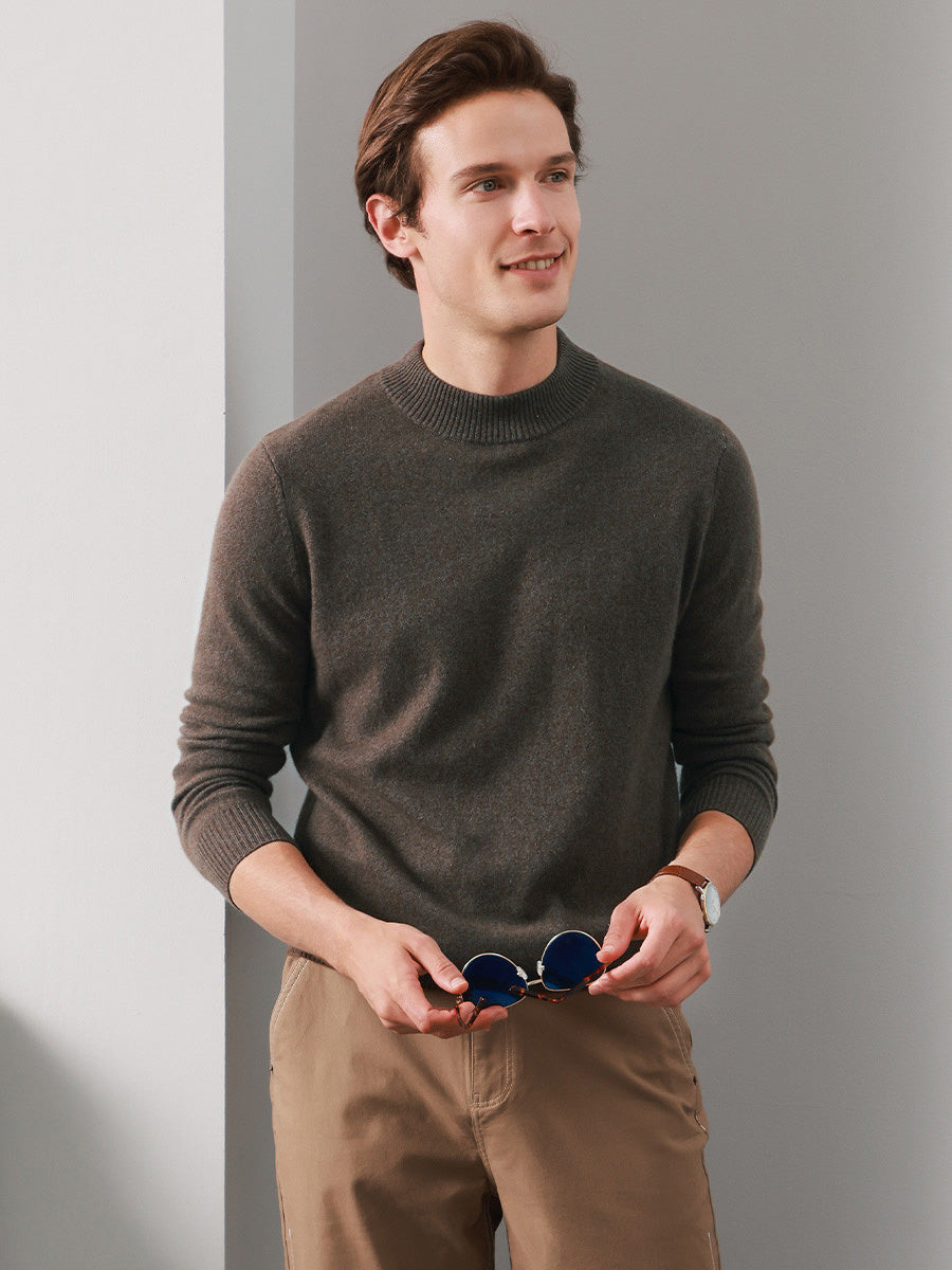 COMOBOCA DARK BROWN 100% Cashmere Men's Mock Neck Knit Sweater