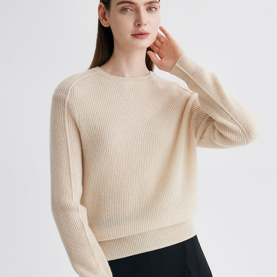 COMOBOCA 100% Cashmere Women's Ribbed Round Neck Sweater