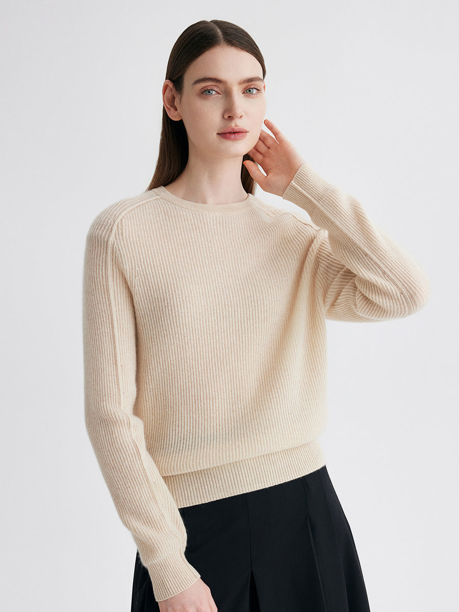 COMOBOCA 100% Cashmere Women's Ribbed Round Neck Sweater