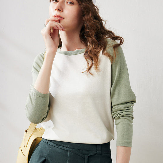 COMOBOCA Women's Colorblock Raglan Round Neck Sweater